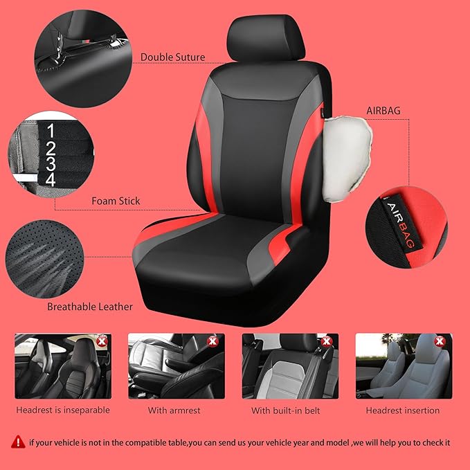 CAR PASS Leather Car Seat Covers Full Set with Waterproof Car Floor Mats,Airbag Compatible,Automotive Interior Covers for Cars Sedans,Trucks,Vans,SUV with Car Carpet Mats(Black and Red)