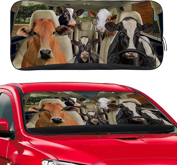 Funny Cow Windshield Sunshade for Car SUV Truck Foldable Uv Ray Reflector Front Window Sun Shade Visor Shield Cover -59" X 31"