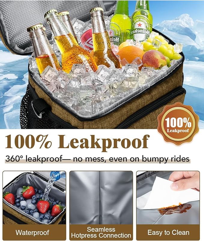 Insulated Lunch Bag for Men & Women, 9L Leakproof Lunch Box Soft Cooler Tote with 5 Pockets, 600D Oxford, EVA Lining, Adjustable Strap for Work, Picnic, Beach&Travel-Coffee