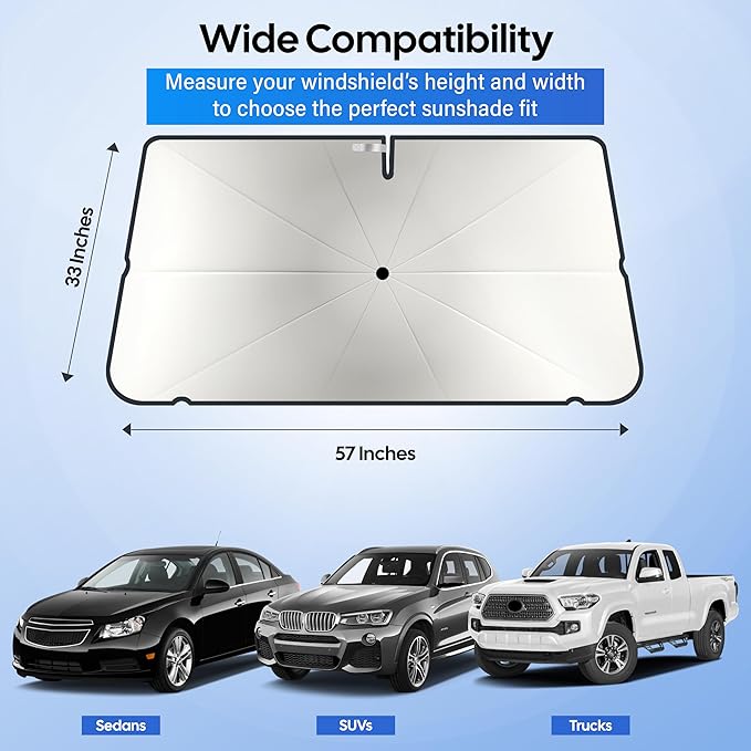 Econour Windshield Sun Shade Umbrella for Car | Medium Foldable Car Sunshade | UV & Heat Protection Front Window Sun Shield, Keeps Interior Cool, Fits Sedans SUVs & Trucks (57” x 33”)