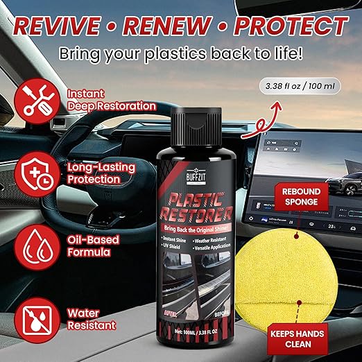 Plastic Restorer for Cars, Black Trim Restorer for Faded Plastic, Vinyl & Rubber, Long-Lasting UV Protection, Restores Deep Black Shine, Car Exterior & Bumper Trim Restorer, 3.38 fl oz