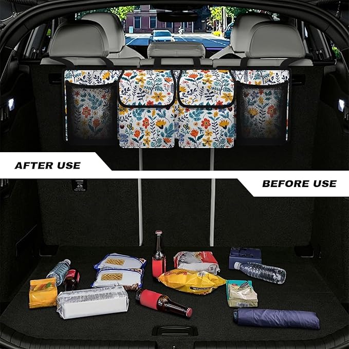 Car Trunk Organizer for SUV, Truck, Sedans, Vans, Oxford Cloth, Equipped with Robust Elastic Net, Flower Leaf Hanging Car Storage Organizer with Lids, Space Saving Expert