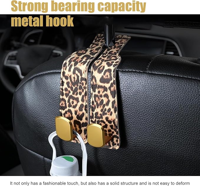 2 PCS Car Seat Back Storage Headrest Hooks, Multi-function Backseat Hanging Organizer for Bag & Phone, Leopard Print Suede Leather Hook, Hidden Storage Accessory for Cars (Brown)