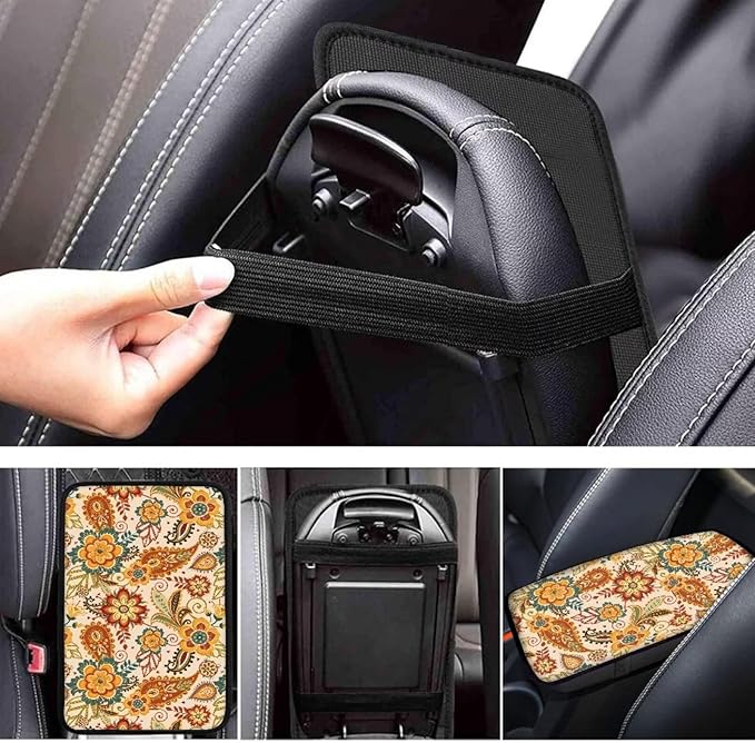 Dreaweet Bohemian Floral Arm Rest Cover for Car Women Soft Anti Slip Armrest Cover Center Console Cushion Pad Boho Car Accessories Universal Fit Most Cars SUV Sedan