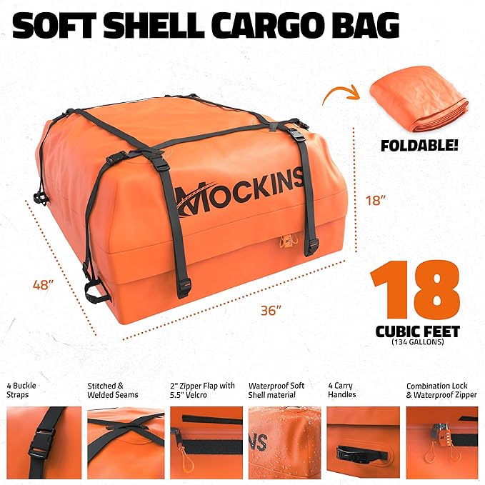 Mockins 50"x36"x4.5" Extendable Rooftop Cargo Carrier & 18 CuFt Orange Waterproof Roof Cargo Bag | 250 Lbs. Capacity Weatherproof SUV & Car Roof Rack Basket with Car Top Carrier Bag & Accessories