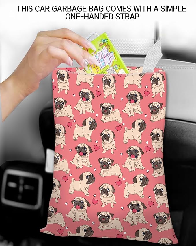 Car Garbage Can, Hanging Car Trash Can Bag for Cute Car Back Seat Organizer, Cute Pug Dog