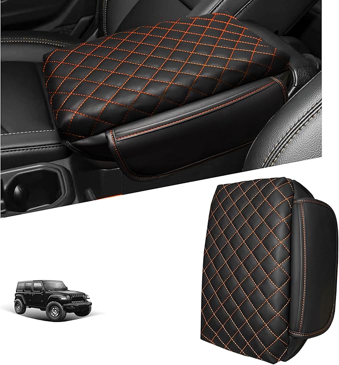 Center Console Cover for Jeep Wrangler JL 2018-2026 & Gladiator JT 2020-2026 1.2in Thickness Armrest Cover Leather Arm Rest Lid Protector Cushion Pad with Stroage Pockets Interior Accessories (Orange)