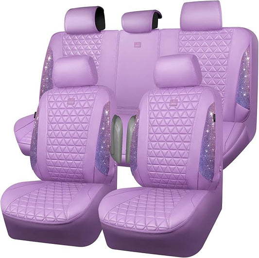 CAR PASS Light Purple Bling Diamond Leather Car Seat Covers Full Sets, Waterproof Shining Glitter Sparkly Crystal Universal Armrest Fit for Automotive Truck SUV Cute Women Girl,Lavender Rhinestone