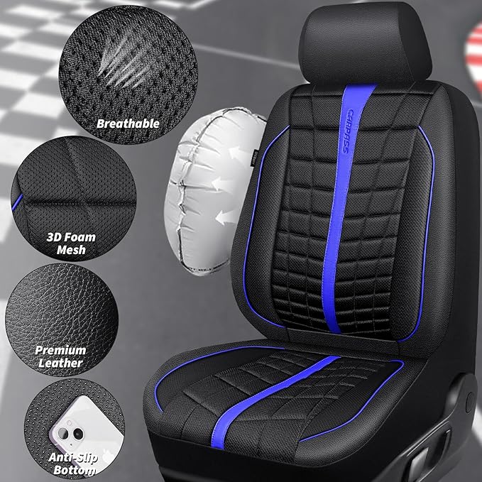 CAR PASS 3D Foam Mesh Black Blue Leather Car Seat Covers Full Set,Breathable Premium Leather Seat Covers for Car,Anti Slip Universal Fit for Trucks Cars Sedans Vans SUVs,Airbag Compatible,Black Blue
