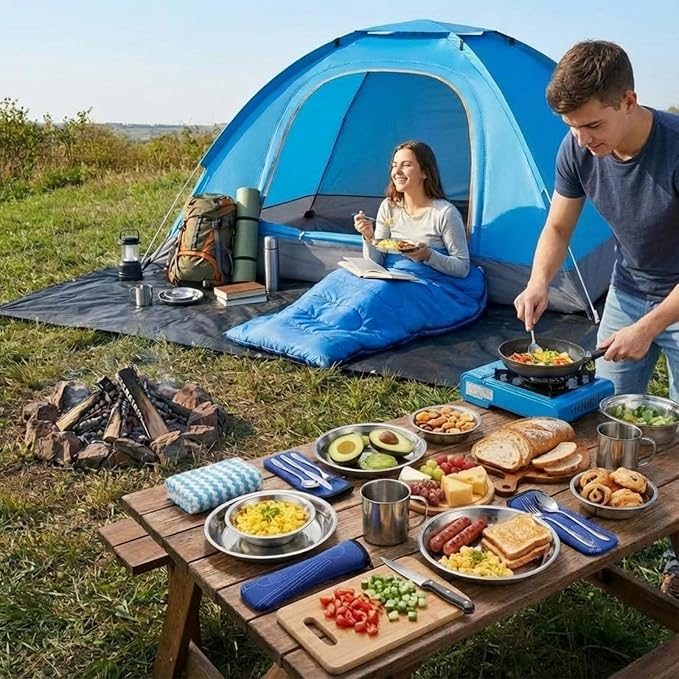 11 Pcs Camping Tent Set for Beginners, Complete Outdoor Travel Gear with Tent Sleeping Bag Stainless Steel Mess Kit Waterproof Tarp for Backpacking, Road Trips, Beach, & Backyard Adventure