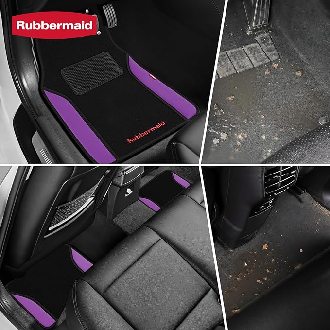 Rubbermaid Car Mats, Carpeted Floor Car Mat with Faux Leather & Built-in Heel Pad, Two-Tone Car Rug Floor Mats, Stylish Carpeted Floor Mats for Cars, Trucks & SUVs Purple Color