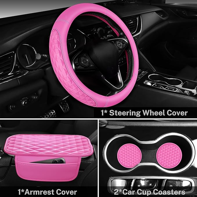 CAR PASS 3D Rhombus Pink Leather Steering Wheel Cover Car Accessories Set, Center Console Armrest Cushion with Storage Bags 2 Non-Slip Cup Coasters, 14.5-15in Cute Car Interior Sets, 4 PCS Hot Pink