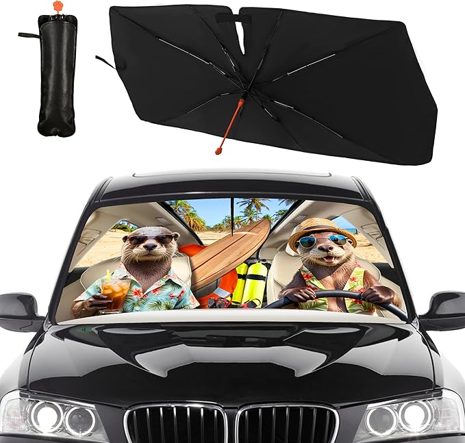 CHILL·TEK Funny Animal Car Windshield Sun Shade Umbrella, Funny Otters Car Sun Shade Umbrella, Block UV Rays Heat Foldable Windshield Umbrella Sun Visor Protector - Keep Vehicle Cool for Cars SUV