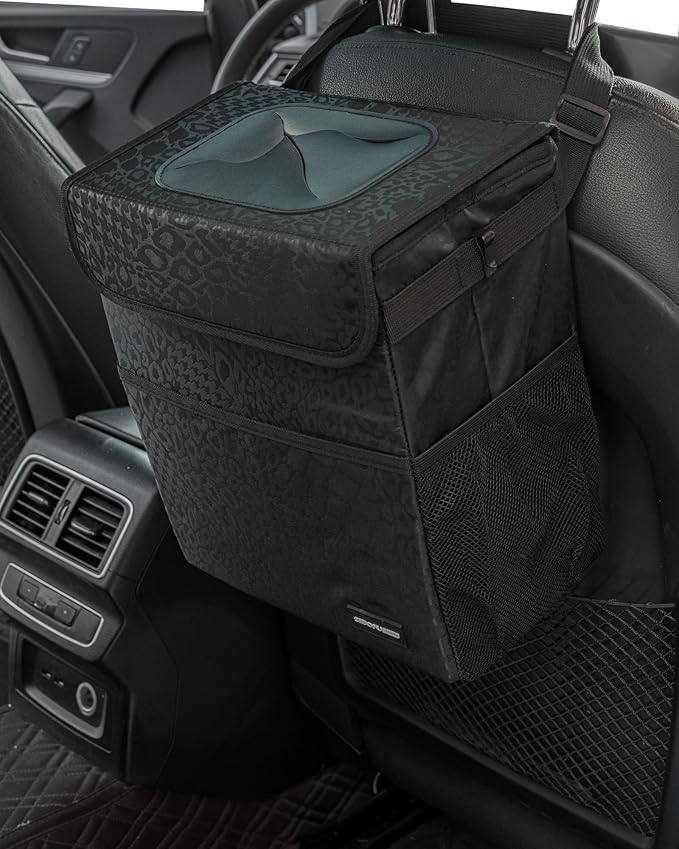SIBOFUEGO Sturdy 3 Gallon Car Trash Can - Ultra Large Capacity, Leak Proof, Waterproof Car Organizer and Storage with Pockets and Adjustable Straps, Collapsible Interior Car Accessory (Black Leopard)