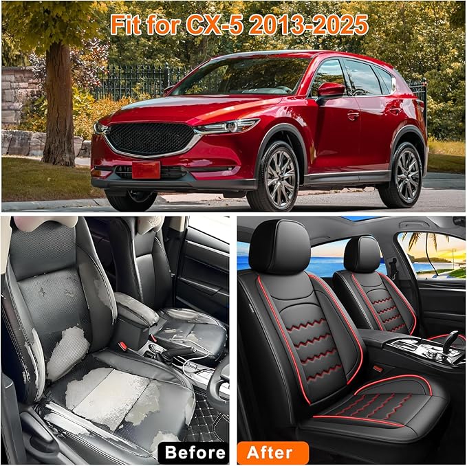 CX-5 Seat Covers Custom Fit for Mazda CX-5 2013-2025 2026, Full Coverage Leather Waterproof Breathable Seat Covers, Automotive Seat Protectors, Airbag Compatible(Full Set Seats, Red & Black)