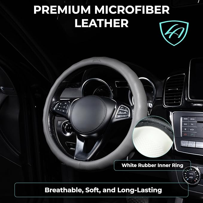 Lord Autofashion Steering Wheel Cover – PU Leather, Non-Slip Rubber Inner, All-Season Comfort – 14.5–15 Inch (Grey 8571)