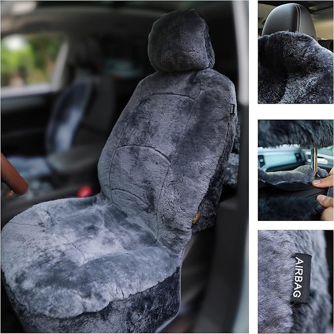 Genuine Sheepskin Seat Cover Lambskin Seat Cover Winter Car Seat Cover Lambs Wool Sheep Skin Fuzzy Shearling Car Accessories with Curve Patten (Gray with bit of Bluish Tint)