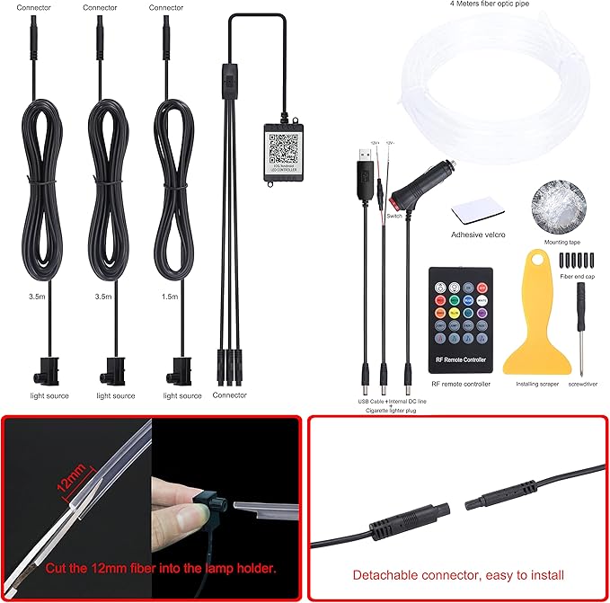 Car Atmosphere Light Kit 4m Fiber Optic RGB Multicolor Sound Active Music Sync Memory Function RF Remote Controller + Bluetooth APP Control 64 Colors USB Car Interior Ambient Lighting Kit 12V