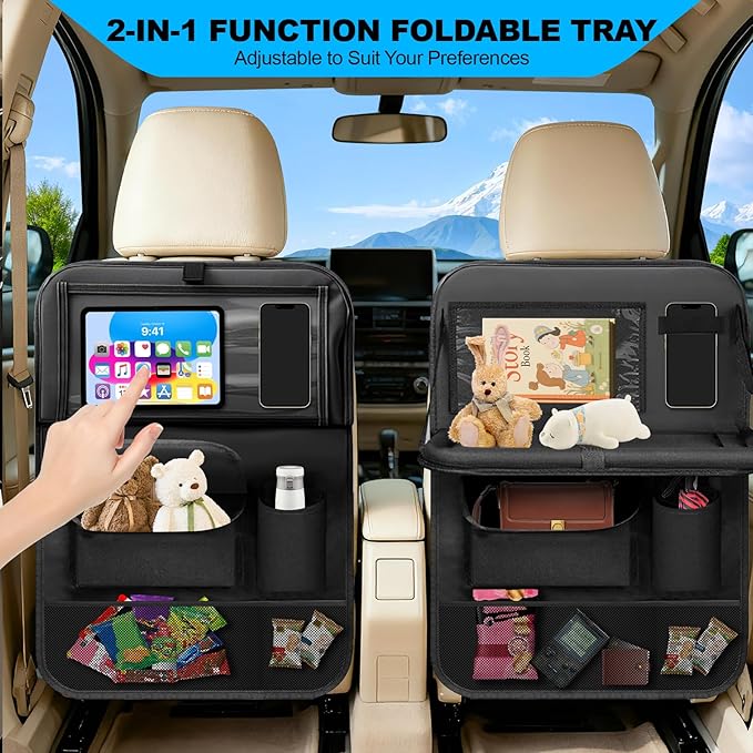 Car Backseat Organizer: Back Seat Storage Organizer for Kids with Tablet Holder, Heavy Duty Back Seat Protector with Foldable Table Tray, Kick Mats w/Pockets, Road Trip Essentials, 2 Count