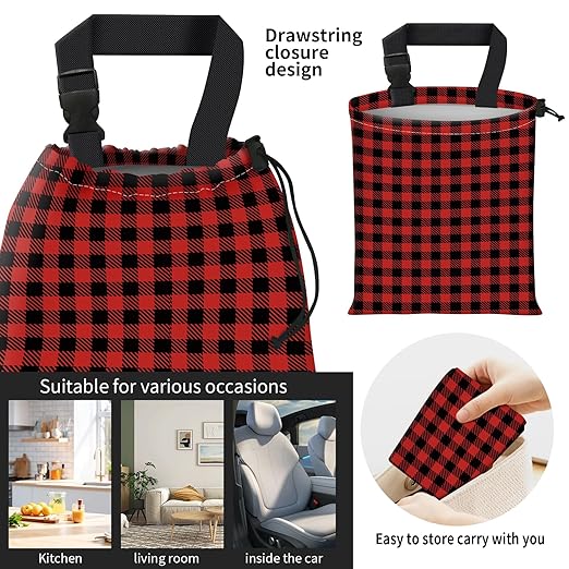 Car Trash Bag Large Hanging Can for Back of Seat, Cute Waterproof Car Garbage Bag for Vehicle, Travelling, Outdoor Black Red Plaid