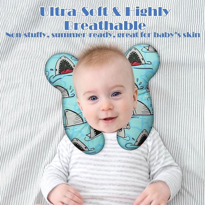 Baby Head Support Pillow for Newborn Toddler, Baby Neck Pillow Upgraded Comfortable Sleep Cushion for Car Plane Stroller Pushchair - Shark B