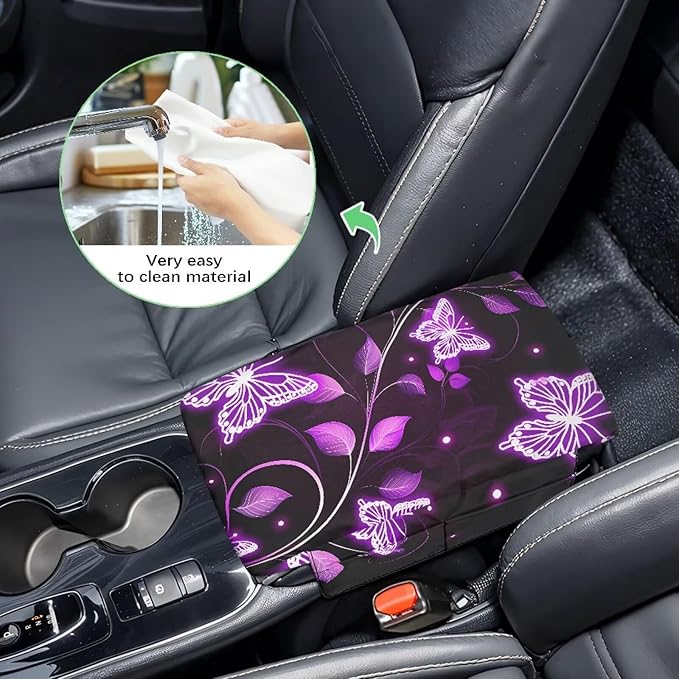Dreaweet Purple Butterfly Arm Rest Cover for Car Women Thick Center Console Cover Pad with Pockets Universal Anti-Scratch Armrest Cover for Car SUV Sedan Trucks