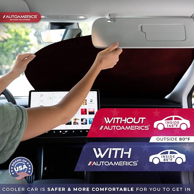 Autoamerics 2-Piece Windshield Sun Shade - Metallic Red Foldable Car Front Window Sunshade for Most Cars SUV Truck Heat Blocker Visor Protector Blocks Max UV Rays and Keeps Your Vehicle Cool - Medium