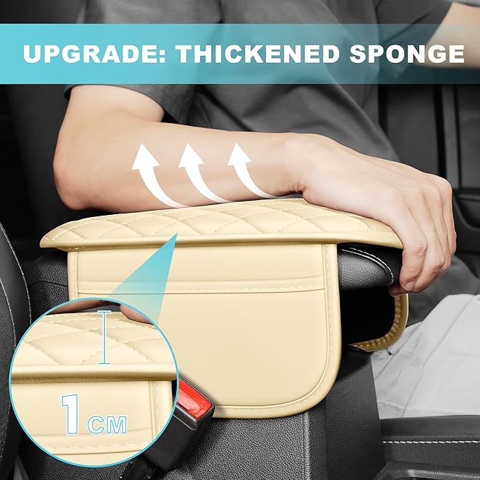 Center Console Cover Fit for Kia Sorento 2003-2025 with 2 Storage Bags Waterproof Leather Quilted Pattern Car Armrest Cover Cushion Anti - Slip(Beige&White Line)