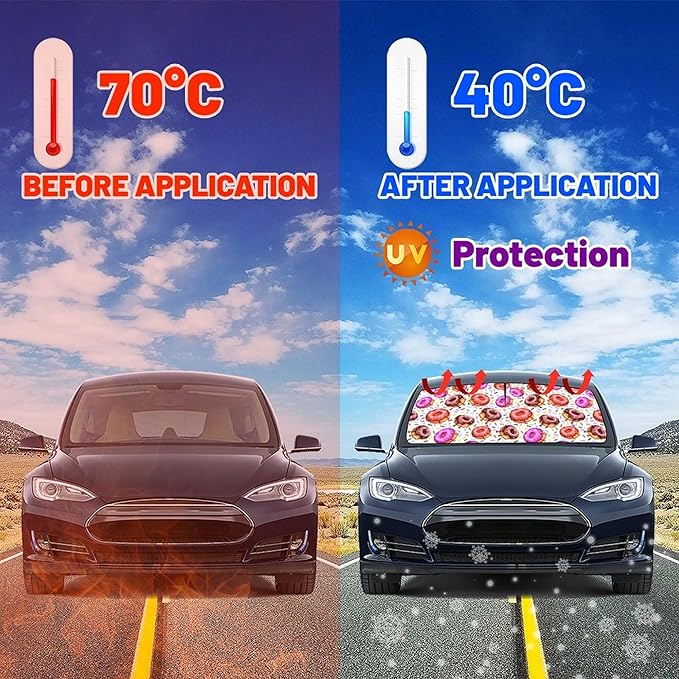 CHILL·TEK Funny Animal Car Windshield Sun Shade Umbrella, Cute Donuts Car Sun Shade Umbrella, Block UV Rays Heat Foldable Windshield Umbrella Sun Visor Protector - Keep Vehicle Cool for Cars SUV