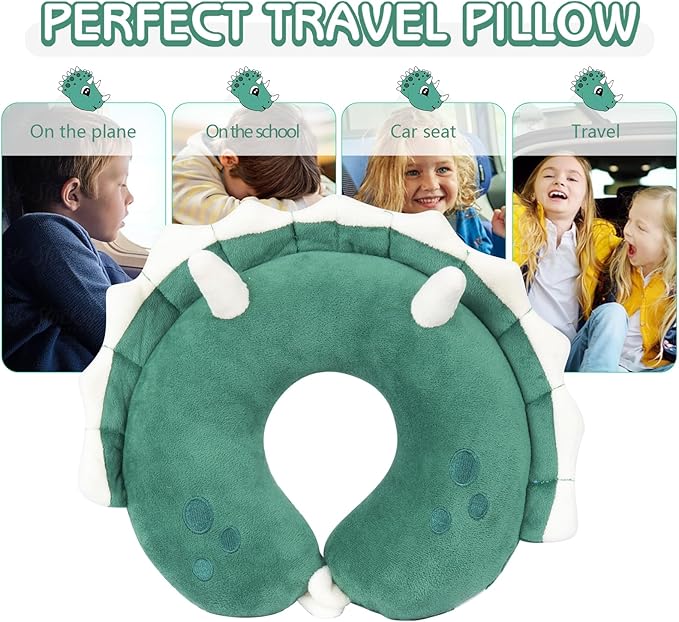 H HOMEWINS Travel Pillow for Kids,Toddler Neck Pillow Cute Animal Neck Head Chin Support Travel Accessories for Airplane, Car, Train,Recline (Triceratops)