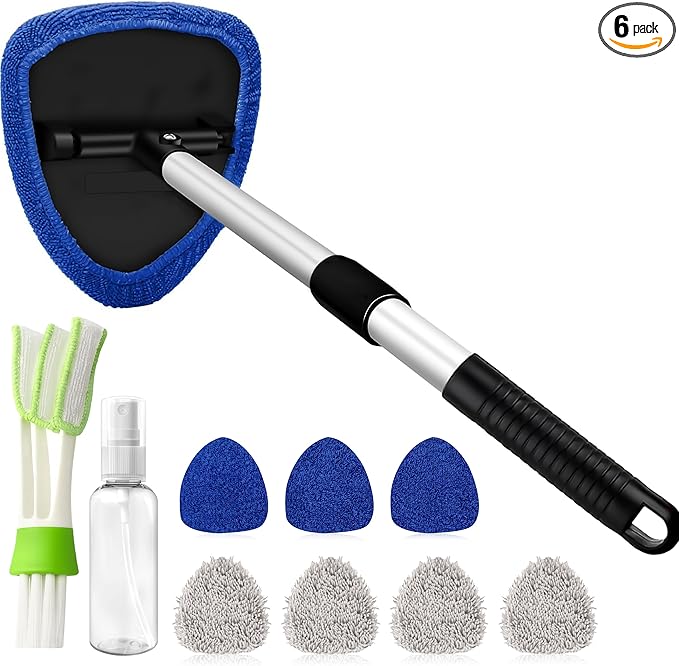 Windshield Cleaner Tool with 180° Rotating Head, Car Window Cleaner Tool with Extendable Handle and 4 Reusable Microfiber Pads, Car Windshield Cleaning Brush for Effortless and Efficient Cleaning
