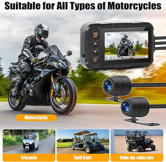 CAMECHO Motorcycle Dash Cam Front and Rear, IP67 Waterpoorf Dual Dash Camera with 32GB Card, 3" HD Car Camera with G-Sensor, Night Vision, Loop Recording, Dashcam for Motorbike, Motorsports