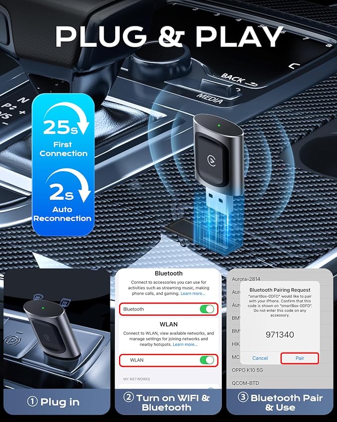 AuroraLink JC015 Wireless CarPlay & Android Auto Adapter - 2-in-1 Plug and Play Mini Dongle, Stable & No Delay Wireless USB Adapter for iPhone/Android Cars, with Dual-Band WiFi & Bluetooth 5.2