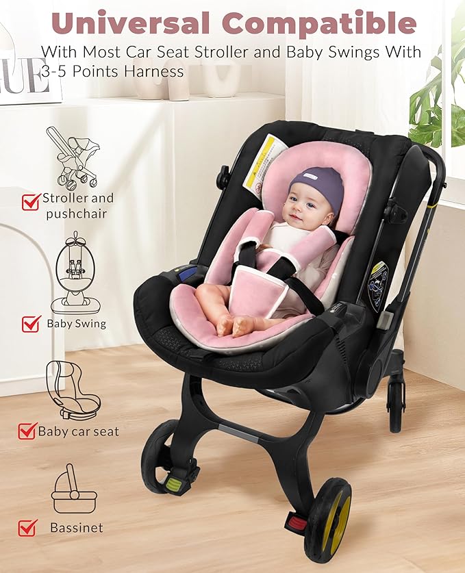 Infant Car Seat Insert with Extra Cushion for Preemie to Toddler, Reversible Newborn Carseat Insert for Baby Head Body Support, Fits for Stroller, Baby Swing, Bouncer (Pink)