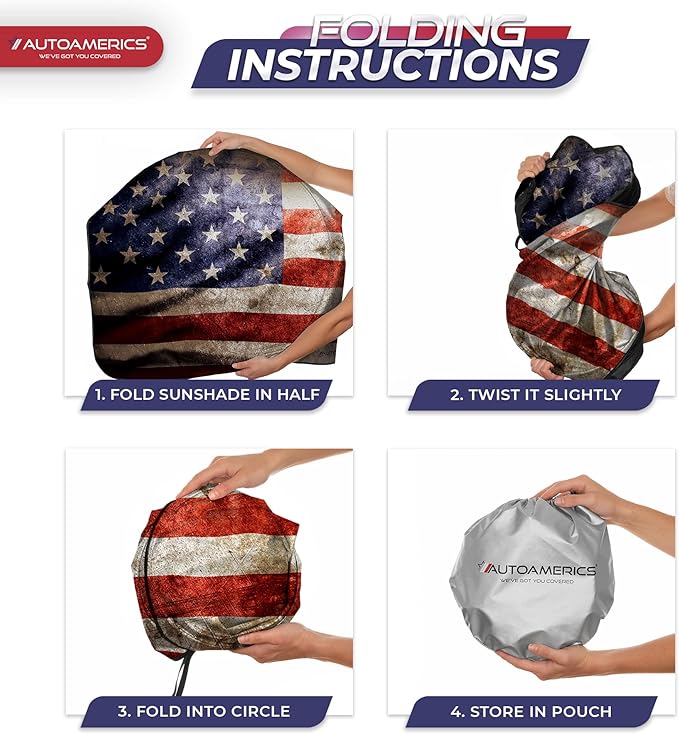 Autoamerics 1-Piece Windshield Sun Shade Grunge American Flag - 2 USA Design - Foldable Car Front Window Sunshade for Most Sedans SUV Truck - Blocks Max UV Rays and Keeps Your Vehicle Cool - Medium
