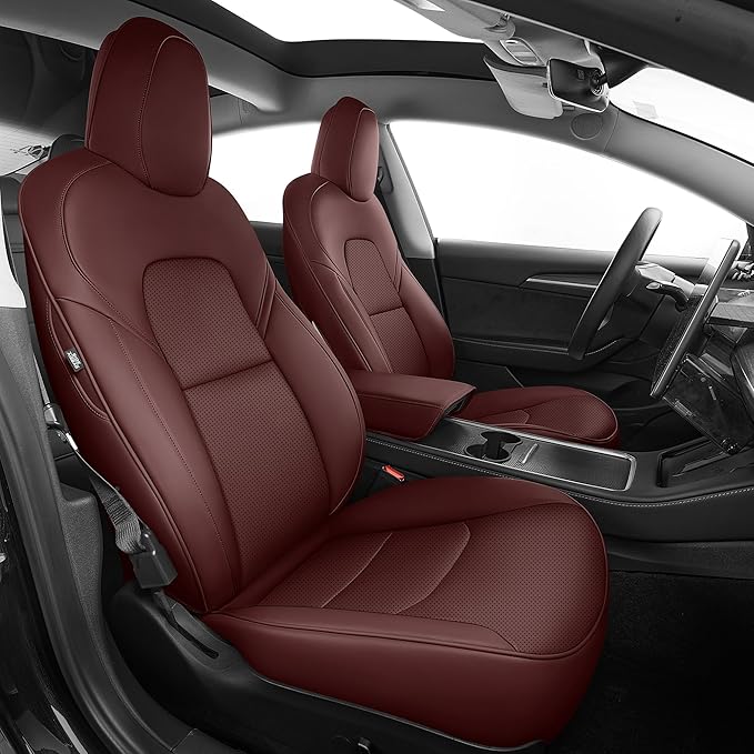 AOMSAZTO Car Seat Cover Fit for Tesla Model 3 2024 2025 (Not for Performance) - Full Set Customized Wine Red Seat Covers (with Armrest Cover)