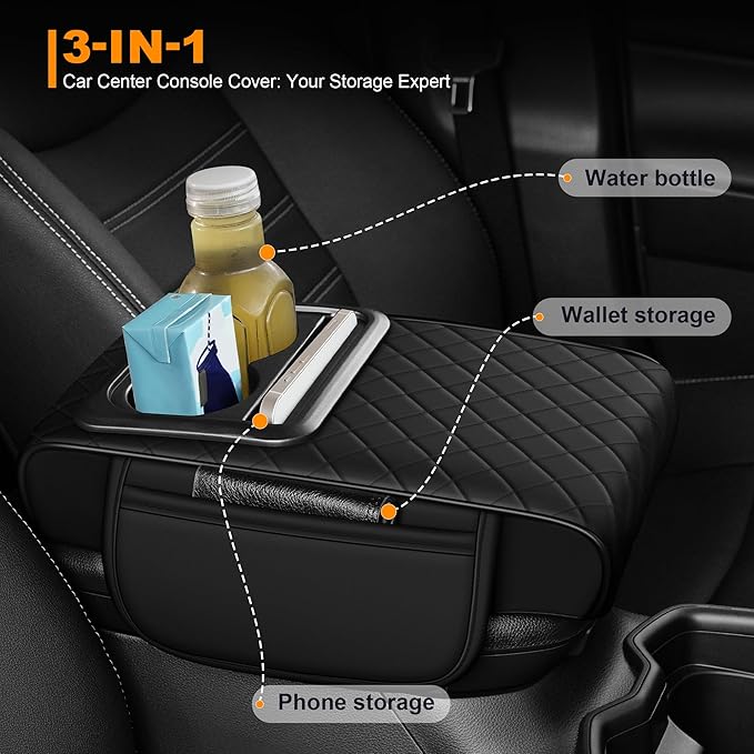 Armrest Cover for Car Fit for Jeep Gladiator - Center Console Cover with Cup Holders and 2 Storage Pockets(Black)