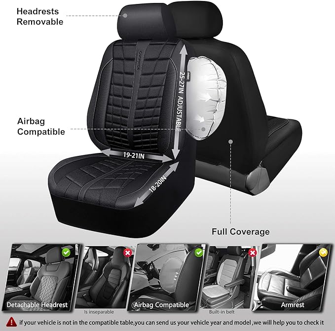 CAR PASS 3D Foam Mesh Leather Car Seat Covers Full Set, Breathable Premium Leather Seat Covers for Car, Anti Slip Universal Fit for Trucks Cars Sedans Vans SUVs, Airbag Compatible, All Black