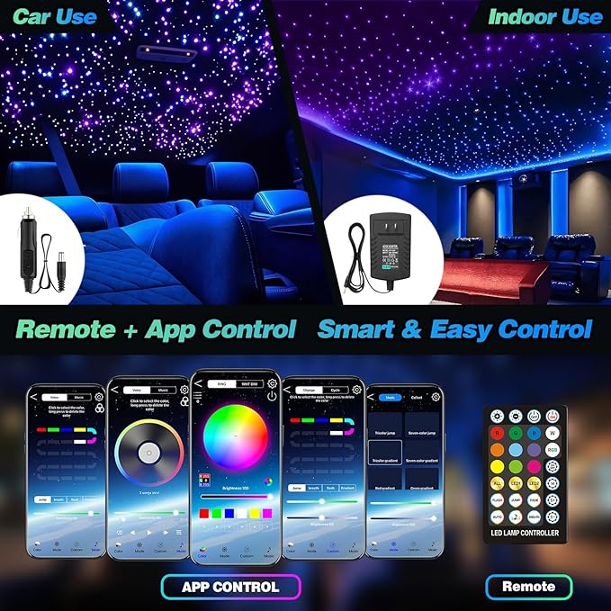 VASTFIRE Starlight Headliner Kit 1000pcs, 32W Dual-Color Meteor + Twinkle Star Headliner kit Music/Voice Activated Star Lights for Car, Bed Room, RVs, Home Theaters | Bluetooth + Remote Contr