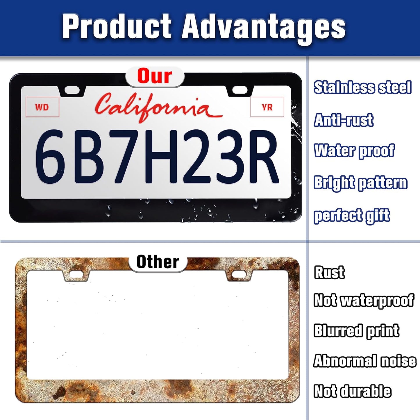 Vintage American Flag License Plate Frame USA Flag Patriotic License Plate Holders Funny Stainless Steel Auto Accessory Bracket 2 Hole with Screws Universal Us Car License Plate Frames 6x12 Inch