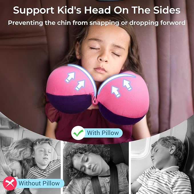 COOLBEBE Kids Travel Neck Pillow, Softly Double Support Neck Pillow for Car & Airplane, Traveling Gifts for Toddler & Children (1, Pinkish Purple)