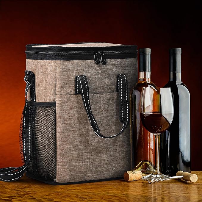 Tirrinia 6 Bottle Wine Gift carrier, Insulated Leakproof Padded Wine Cooler Carrying Tote Bag for Travel, Camping and Picnic, Perfect Wine Lover Gift, Beige