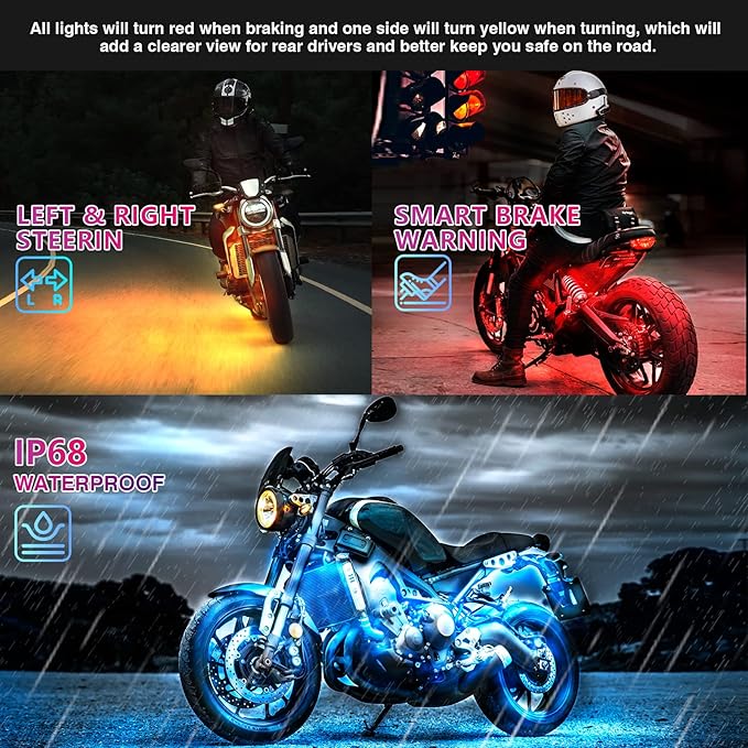 8PCS Segmented Motorcycle RGB LED Light Kits with APP/RF Remote, Multicolor Underglow Lights with Brake Turn Signal, 12V Waterproof Strip for Sport Bike, Cruiser, Street & Dirt Motorcycle