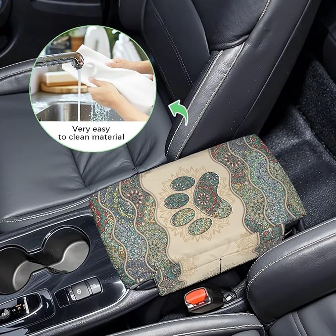 Tupalatus Mandala Flowers Car Center Console Cover Soft Paw Universal Armrest Cover Car Accessories Interior with 2 Storage Bags Easy Installation Universal Fit for Car SUV Trucks