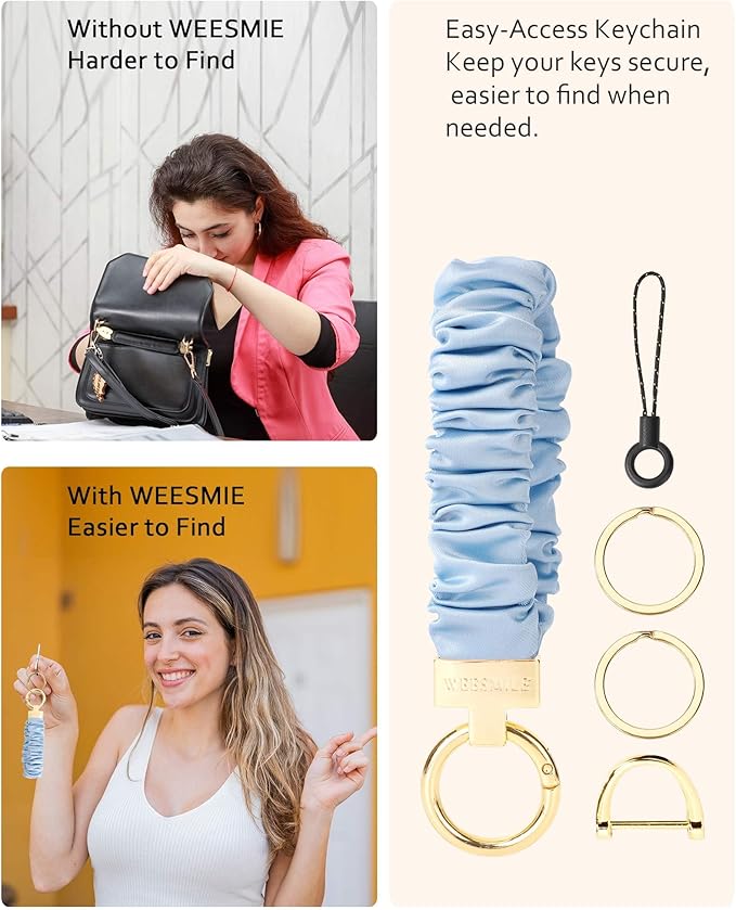 WEESMILE Keychain Wristlet, Stretchy Key Chain for Car Keys with D ring, Cute Scrunchie Wrist Bracelet for Women Men