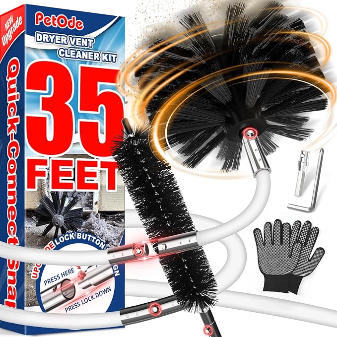 PetOde 35 Feet Dryer Vent Cleaner Kit, Lint Remover, Upgraded Flexible Quick-Snap Brush with Drill Attachment, Extends Up to 35 FEET for Easy Cleaning, Cleaning Tools Use with/Without a Power Drill