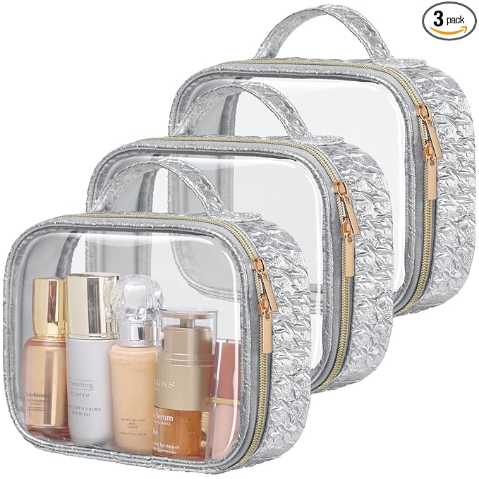 PACKISM TSA Approved Toiletry Bag - 3 Pack Ruched Textured Clear Makeup Bag, Metallic Silver, with 180° Large Opening and Supporting Frame, Perfect for Travel Essentials, Thick No Smell