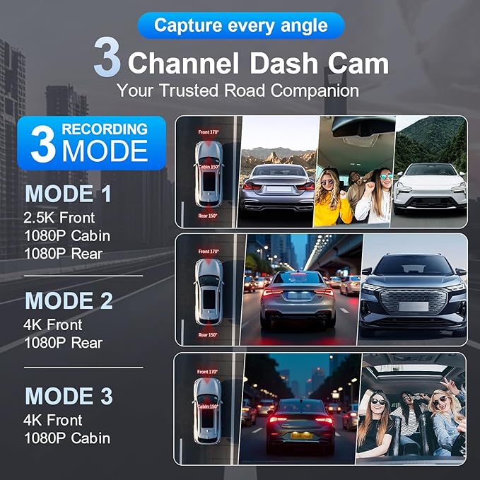 4K 3 Channel Dash Cam Front and Rear - Dash Camera for Cars - 5.8GHz WiFi GPS dashcam with IR Night Vision, 2.5K+1080P*2 Triple Car Camera 3.16" IPS, 32GB Card, G-Sensor, 24H Parking Mode