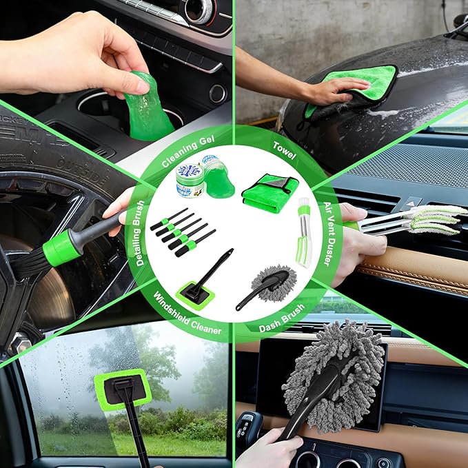 Nilight 15PCS Car Detailing Kit Auto Cleaning Tools Wash Set with Storage Carry Bag Beginners Easy to Use for Interior Exterior Car Care Clean Windshield Dashboard Seat Air Vents Wheels Tires, Green