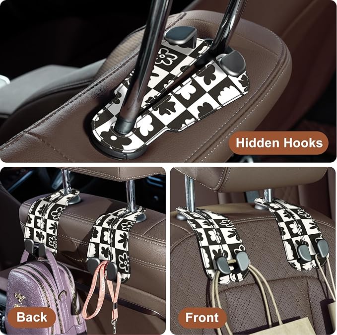CoBak Purse Hook for Car - Universal Premium Stitched Leather and Aluminum-Magnesium Alloy Double Car Seat Back Storage Hook for Purses, Handbags, Bags (2 Pack),Chess Flower
